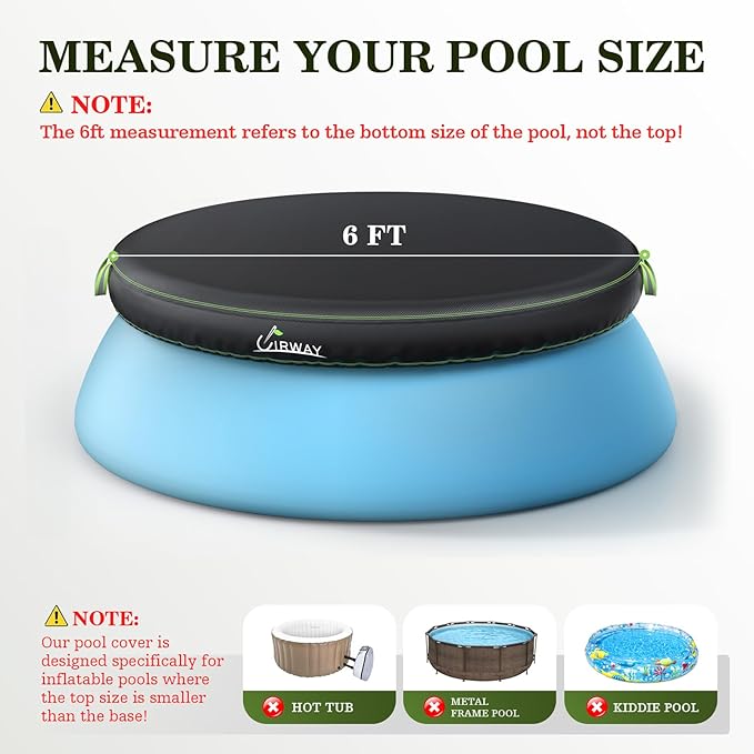 UIRWAY 6FT Round Pool Cover, Inflatable Pool Covers for Above Ground Pools with Elastic Cord - Snug Fit & Easy Set, Outdoor Swimming Pool Cover with 2 Reflective Strip Handles, Black