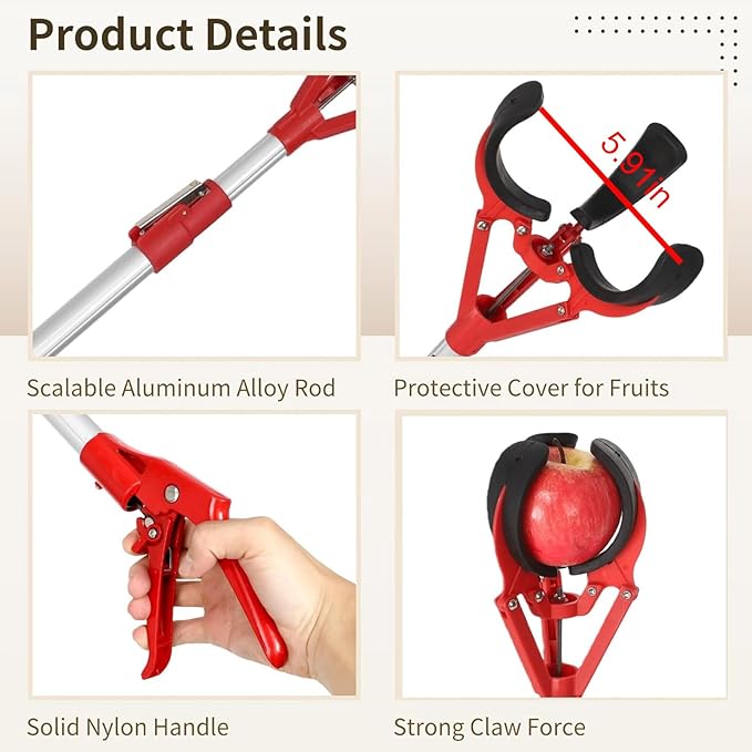 Fruit Picker Pole with Basket Telescoping, 4.3 to 7.5 ft Adjustable Apple Picker Pole, Aluminum Lightweight picker Tool with 3-Claw Design, Safe Picking without Climbing, Great for Orchards, Farms