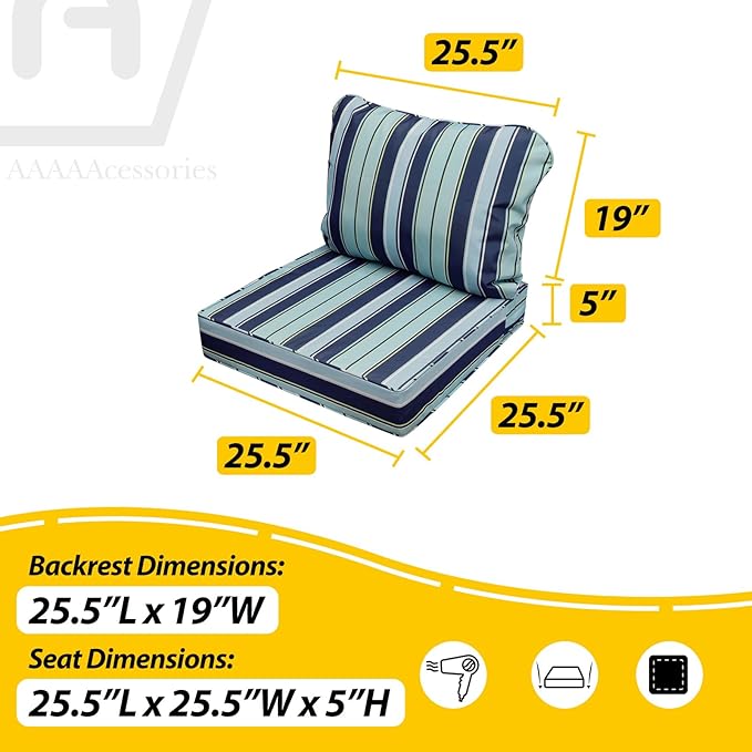 AAAAAcessories Outdoor Seat Cushions for Chairs, Fade-Resistant, Waterproof Patio Furniture Replacement Cushions, 25.5" x 25.5" x 5" + 25.5" x 19", Ash Teal Seaside Stripe