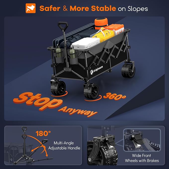 Originsure 220L Collapsible Wagon Cart Foldable, 460lbs Load Capacity Heavy Duty Folding Beach Wagons with Big All-Terrain Wheels, Utility Carts for Groceries, Shopping, Camping, Sports - Grey&Black