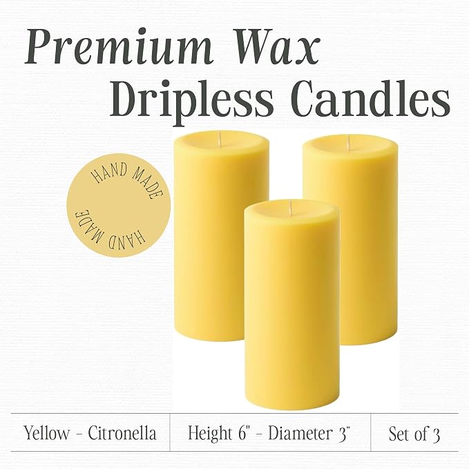 Mister Candle Citronella Candles, Ideal for Outdoor & Indoor Use, 3" x 6" Yellow Pillar Candles Set of 3, Hand Poured, Premium Wax & Dripless, 60 Hour Burn Time