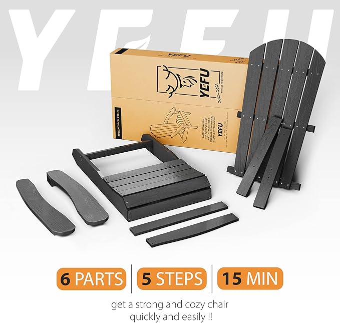 YEFU Adirondack Chairs Set of 6: Outdoor Chair HIPS Plastic Adirondack Chairs - Patio Chairs with Wood Texture - Lawn Fire Pit Deck Porch Garden Chairs for Adults (Black)