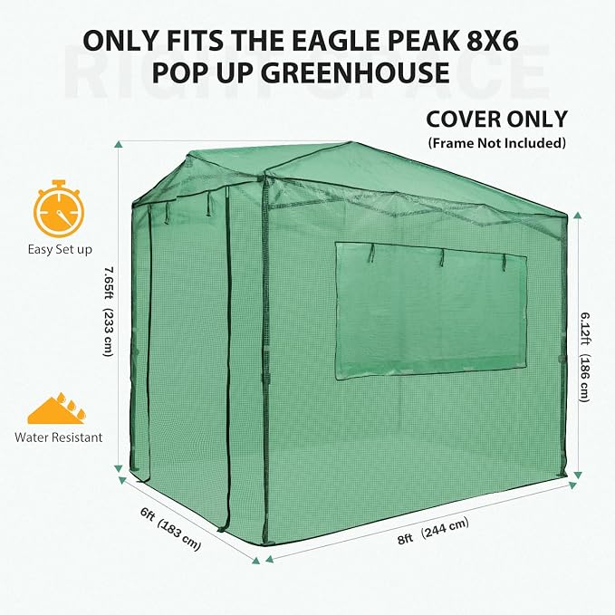 EAGLE PEAK Replacement Cover for 8x6 Portable Walk-in Pop up Greenhouse, Front and Rear Roll-Up Zipper Entry Doors and 2 Large Roll-Up Side Windows (Frame Not Included), Green