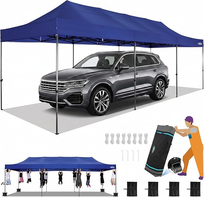 COBIZI 10x30 Pop up Carport 10x30 Canopy Tent with Sidewalls, Heavy Duty Party Tent Tents for Parties, Foldable UPF 50+ Waterproof Commercial Easy up Canopy with Roller Bag, Navy Blue