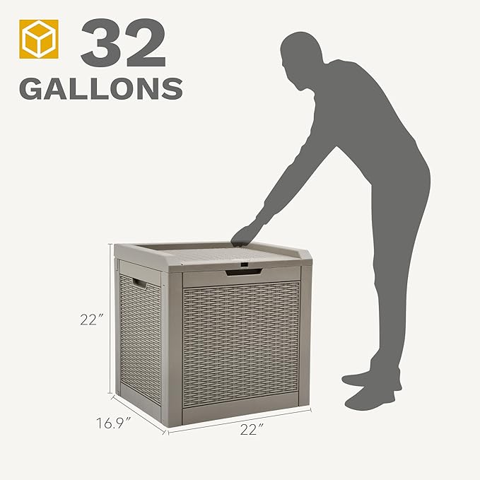 DWVO 32 Gallon Indoor Outdoor Storage Box, Resin Rattan Small Deck Box for Patio Furniture, Cushions, Garden Tools, Sports Equipment,Brown