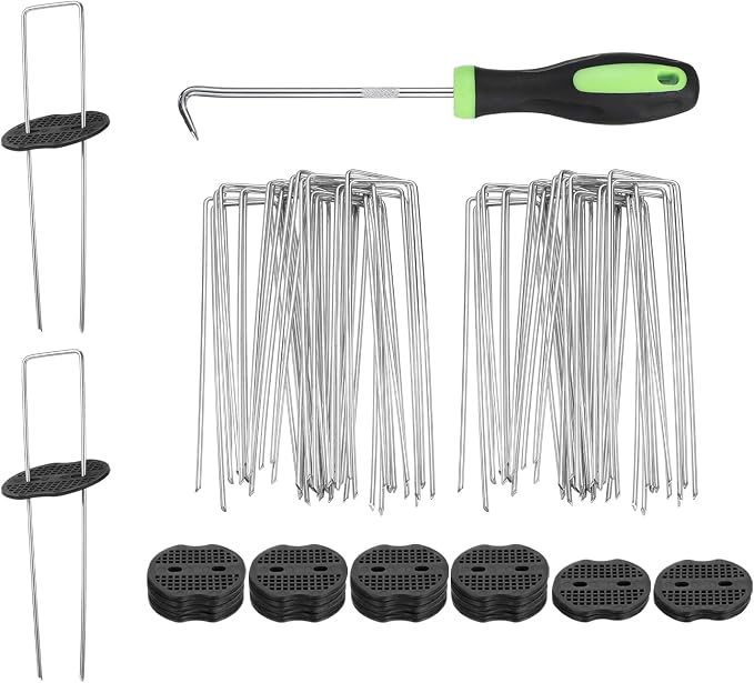 uxcell 50Pcs Garden Stakes, 8 Inch 11 Gauge Galvanized Landscape Staples U-Type Turf Stake Sod Pin Plant Stakes with Gasket&Hook for Landscaping Securing Weed Barrier Fabric, Silver