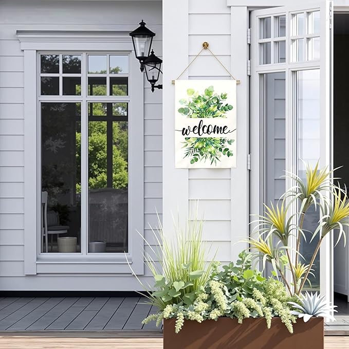 Welcome Garden Flag Spring Large Summer Greenery Watercolor Eucalyptus Leaves House Banner Seasonal Rustic Farmhouse Hosta Fragrant Plantain Yard Flags for Porch Patio Home Decor 28 x 40 Inch