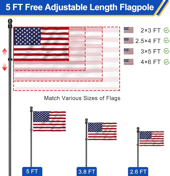 Flag Pole for Outside House, Heavy Duty Metal Flagpole for Residential, Outdoor or Porch, Stainless Steel Flag Poles, Upgraded Tangle Free Design, 1 Inch (5 FT, Black)
