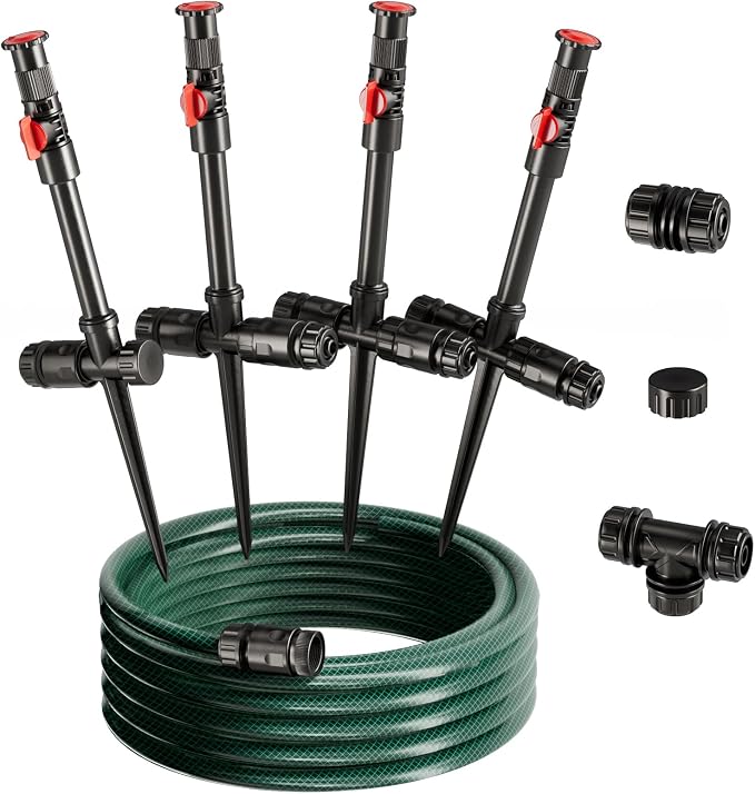 Flexible Sprinkler System, Above Ground DIY Irrigation Kit | Multi-Adjustable Lawn Sprinkler Set, Ideal for Plant and Flower Bed Watering, 50ft Garden Hose Included