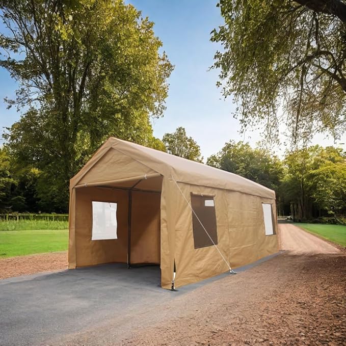12x20 ft Heavy Duty Outdoor Portable Ventilated Canopy Carports, Garage Car Shelter with Removable Doors and Sidewalls, Sand