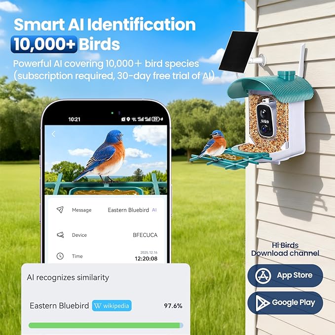 Smart Bird Feeder with Camera : 2K HD Video Live Stream, AI Birds Species Identification ＆ Instant Arrival Alerts, Solar Bird Feeder Camera for Outdoor Backyard, Ideal Gifts for Families nature lovers