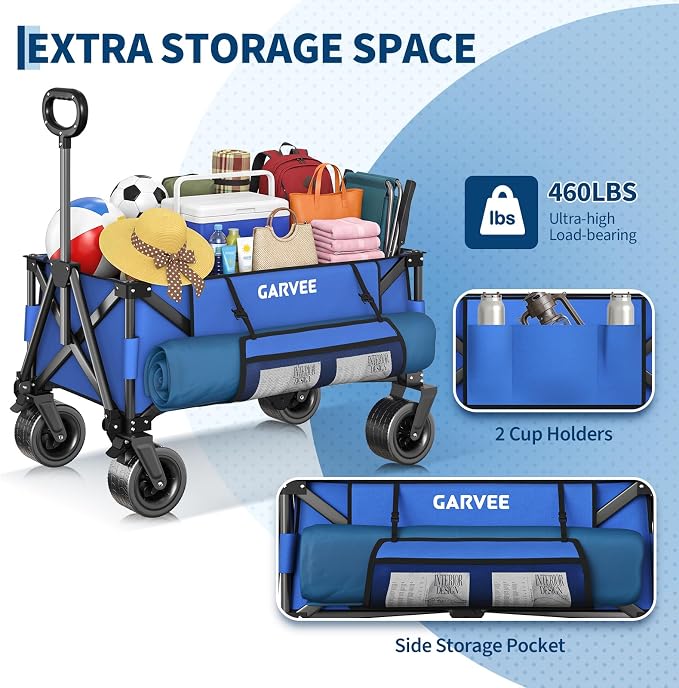Wagon Carts Foldable, 460LBS Weight Capacity 280L Collapsible Wagon with All-Terrain Wheels, Drink Holders, Storage Cover&Elastic Rope, Utility Carts for Groceries, Shopping, Camping, Sports -Blue