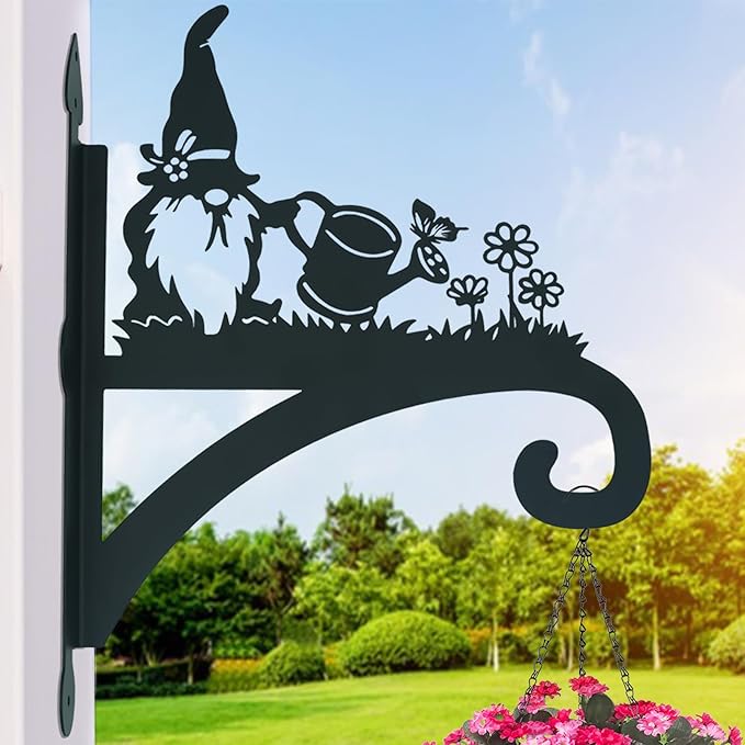 Hanging Plant Bracket Heavy Duty Iron Ornamental Gnome Silhouette Hanging Plant Hangers Outdoor 12 inch Basket Bracket Hook Wall Mounted for Flower Pot, Lantern, Bird Feeder, Wind Chimes
