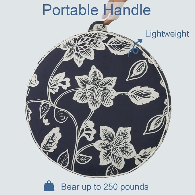 LVTXIII Indoor/Outdoor Inflatable Ottoman with Handle D21 x H9 Inch, Weather-Resistant Round Footstool Pouf for Patio Camping Living Room, Portable Footrest Extra Seating, Elegant Vines Navy