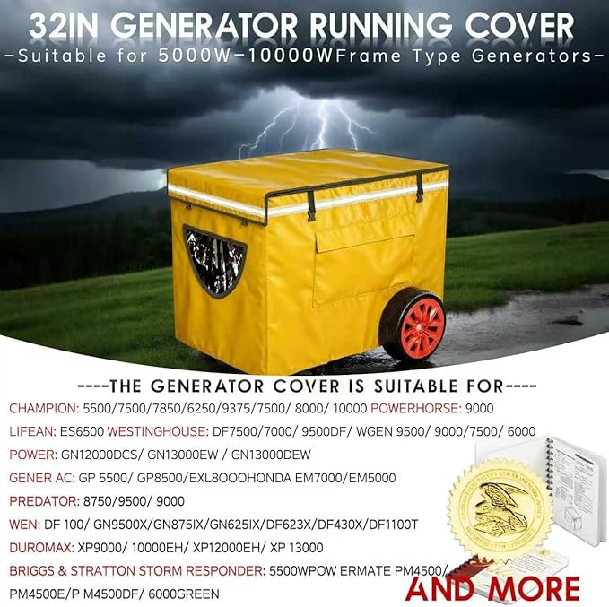 Generator Covers While Running, Generator Covers Heavy-Duty Waterproof, 32X24X24 inches, Top Can Be Opened for Refueling, for 3000W-10000W Frame Type Generators, Yellow