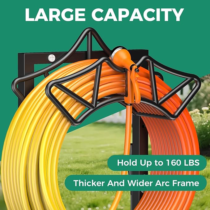Garden Hose Holder Holds 160Ft Hoses, Heavy-Duty Freestanding Hose Reel with 2 Tool Hooks, Rustproof Freestanding Hose Stand with 4 Spikes Water Hose Hanger Storage Reel Rack for Outside, Yard, Lawn
