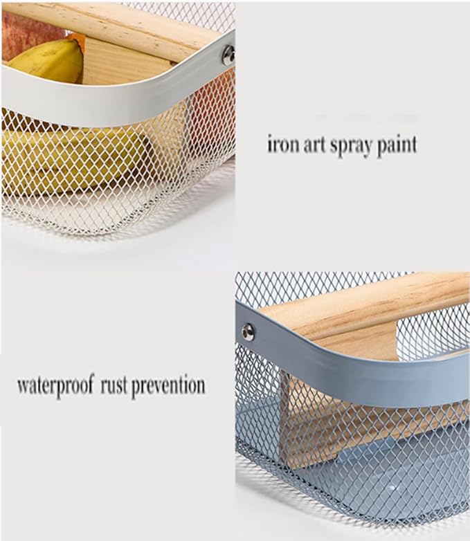 AJIODA Metal Mesh Steel Storage Basket, Garden Harvest Wire Organizer Basket Multi-functional Kitchen Fruit Basket with Wooden Removable Partition & Handle for Bath Picnic Decor Cabinet, Cream White