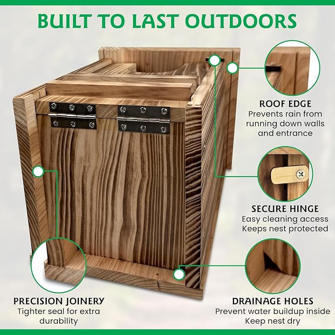 Pine Wood Owl Nesting Box with Shavings for Screech Owls & American Kestrels, 14" x 9" x 9" Outdoor Owl House, Weatherproof, Durable & Easy to Install, Charred Brown Color