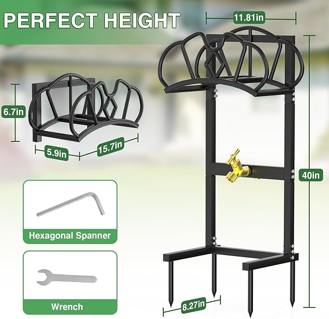 Qatsrin Garden Hose Holder with Faucet, Super Stable Water Hose Holder Stand Holds 160-Feet Hoses, Freestanding Detachable Hose Storage Hanger Reels Rack for Yard Lawn Farm