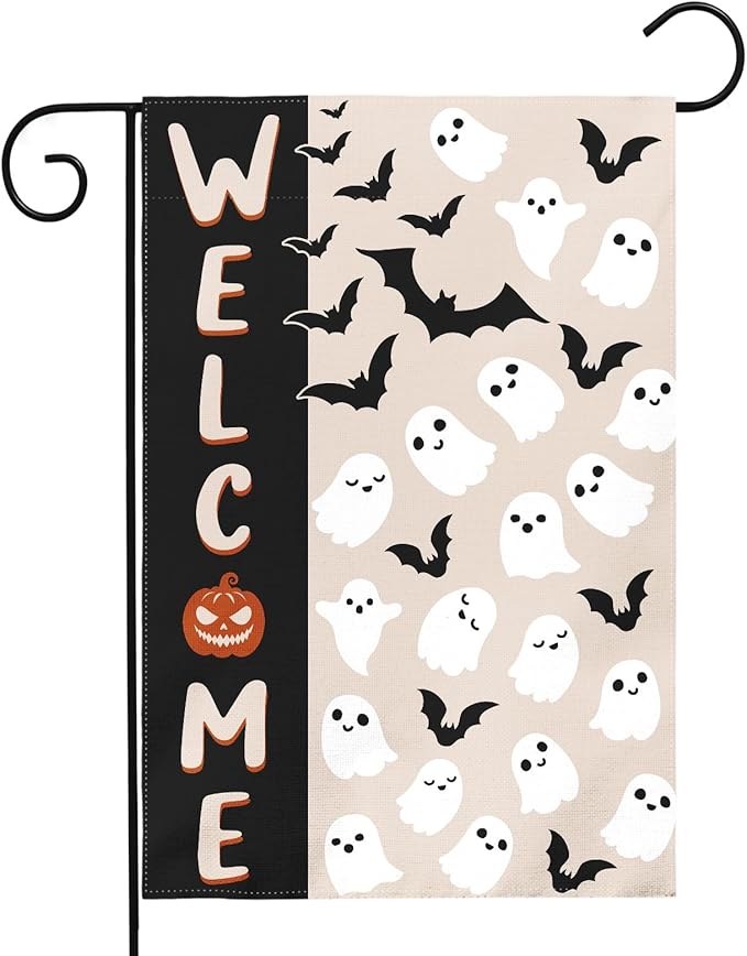 Halloween Welcome Garden Flag 12x18 Inch Cute Ghost Bat Black Cream Holiday Theme Scary Halloween Decorative Yard Flags for Outside Double Sided Outdoor Home Farmhouse Decoration Porch Decor