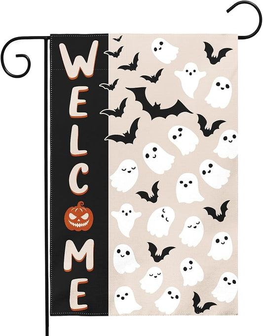 Halloween Welcome Garden Flag 12x18 Inch Cute Ghost Bat Black Cream Holiday Theme Scary Halloween Decorative Yard Flags for Outside Double Sided Outdoor Home Farmhouse Decoration Porch Decor