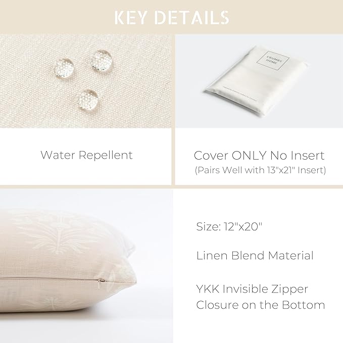 Crumbs Home Modern Farmhouse Fall Linen Indoor Outdoor Lumbar Pillow Cover Only, 12"x20" Water Repellent for Patio, Backyard, Couch, Neutral Beige Floral