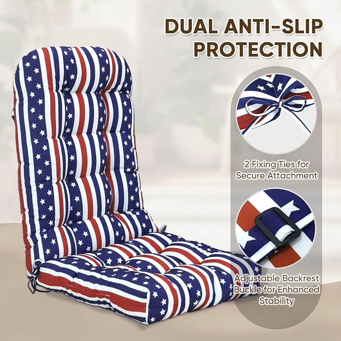 COOS BAY High Back Adirondack Chair Cushions for Outdoor Furniture, 49x20x5 in Water-Resistant Thick Tufted Patio Chair Cushions with Secure Straps, Set of 2, American Flag
