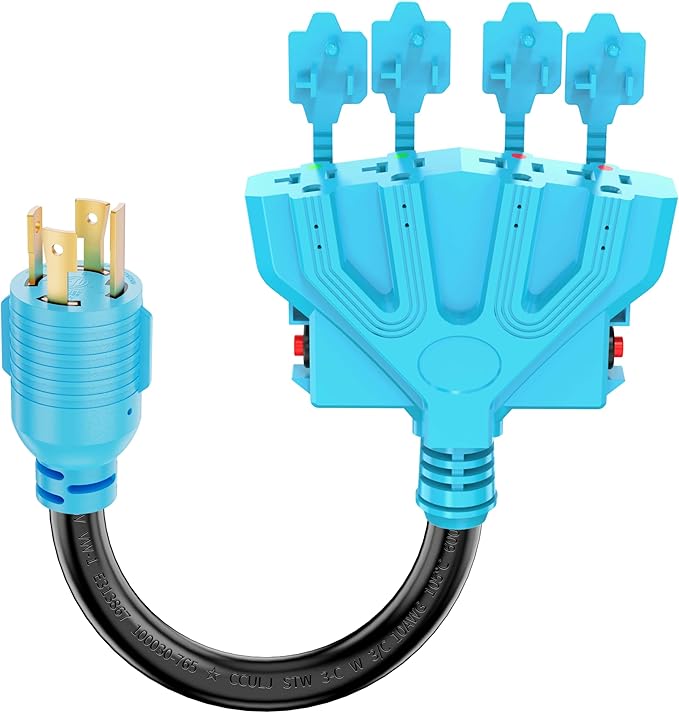CircleCord 4 Prong 30 Amp to 15 Amp Generator Distribution Adapter with Overload Protector, NEMA L14-30P Male to 4X 5-15R/5-20R T-Blade Female, 10 Gauge 125/250V 7500W