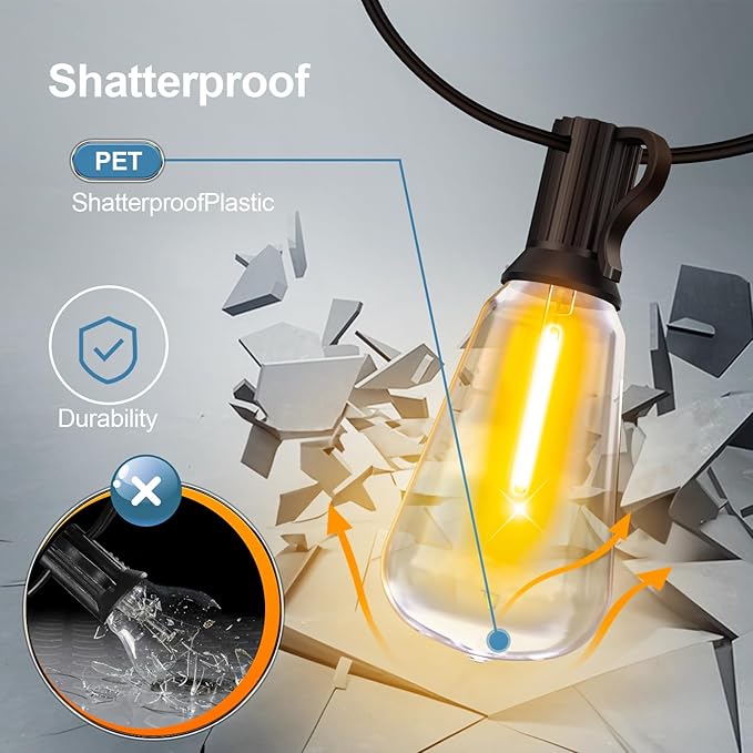 Outdoor String Led Patio Lights - 50Ft 15M Outside Waterproof Light With Remote Dimmable ST38 Shatterproof Bulb Connectable Hanging Outdoor Electric Lighting For Backyard Yard Gazebo Porch Party