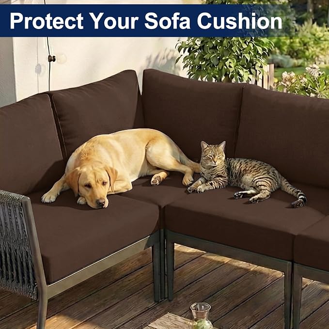 Smiry Waterproof Patio Cushion Covers, Stretch Outdoor Couch Slipcovers Replacement Washable Furniture Protector Sofa Chair Seat Cover for Dogs and Pets (4 Pcs, Coffee)
