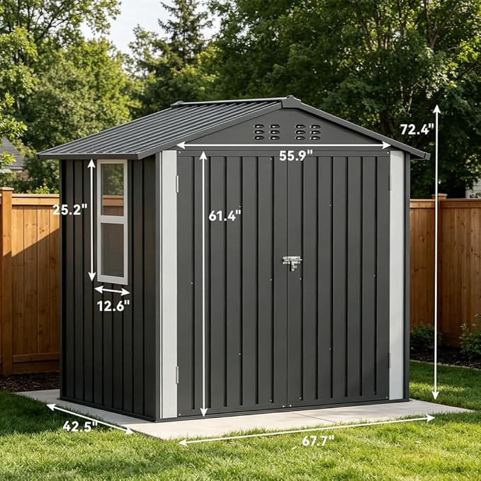 COMHOMA Outdoor Storage Shed with Window,Metal Lockable Garden Toolhouse, Ventilated Weather-Resistant Backyard Utility Workshop for Storage(Light Grey,6x4ft)