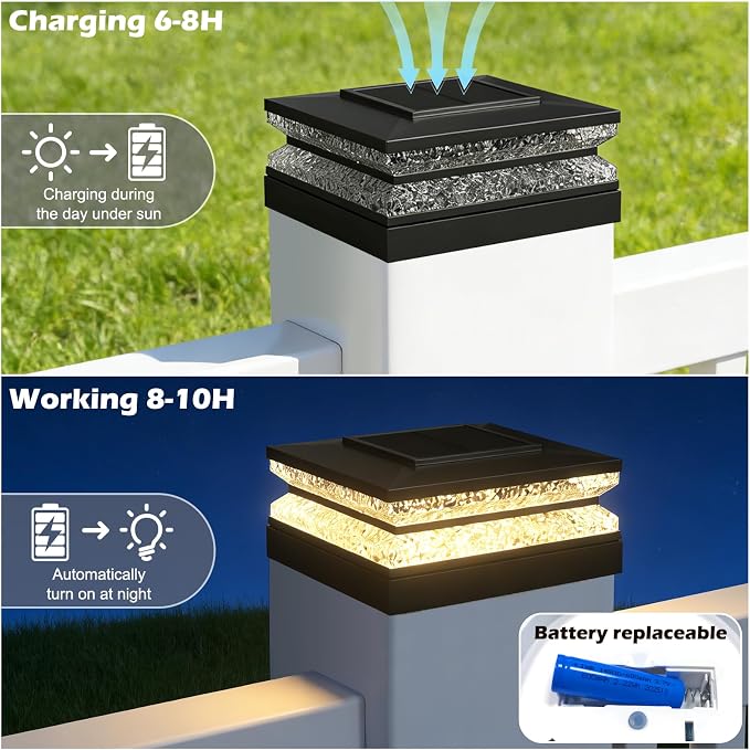 Solar Post Cap Lights, 6 Pack Deck Fence Cap Light for 4x4 5x5 Wood/Vinyl Posts, 3 Color Modes, LED Deck Post Lights Solar Powered Waterproof, for Patio Porch Garden Decoration, Black