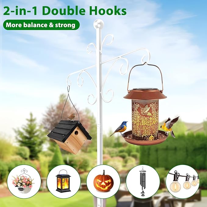 Bird Feeder Pole for Outdoors Heavy Duty Squirrel Proof, 2 Pack 92 Inch Adjustable Tall Shepherds Hooks for Outdoor with 7 Prongs Base, Double Shepherd Hooks (2 Pack White, 92 Inch)
