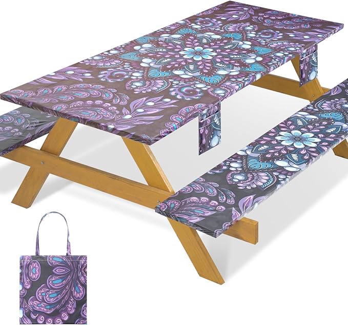 Fitted Waterproof Picnic Table Cover with Bench Covers Elastic Reusable Camping Table Cloths for 6Ft Rectangle Tables Summer Camp Motorhome Party Gear Outdoors Car Travel Trailer Gadgets Gift