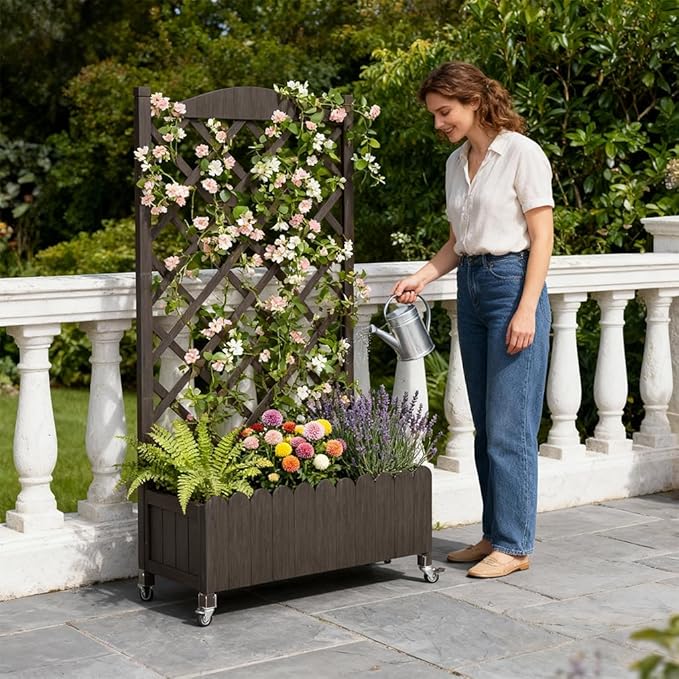 COMHOMA Raised Garden Bed with Trellis and Wheels,48Inch Elevated Planter Box with Drainage Holes,Lattice Privacy Screen for Climbing Plants Vegetables,Outdoor for Patio Balcony Yard,Brown