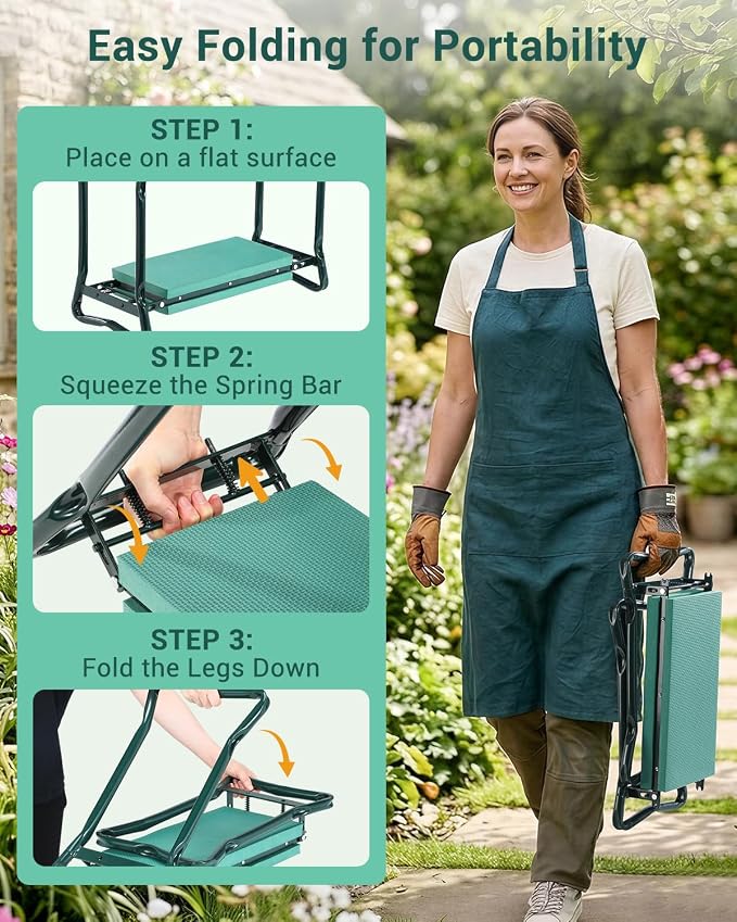 Ohuhu Garden Kneeler and Seat Heavy Duty, Upgraded Gardening Stool with Thicker Wider EVA Foam Kneeling Pad Foldable Garden Bench with 2 Large Tools Pouches, Gardening Gifts for Women Mom Men Seniors