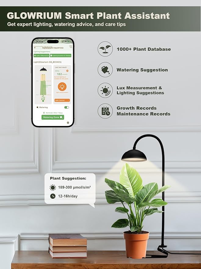 GLOWRIUM Smart Grow Lights for Indoor Plants,10W Full Spectrum Plant Lights with Bluetooth App Control, 360° Flexible Gooseneck Grow Lamp, Auto Timer 3/9/12Hrs, 10 Brightness for Small Plants, Black