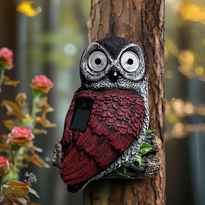 7.8" Solar Owl Garden Statue,Waterproof Owl Solar Lights with Glowing Eyes,Tree Decorations Outdoor for Yard Patio Lawn, Solar Owl Light for Night Garden Decor, Owl Garden Statue for Fence or Wall