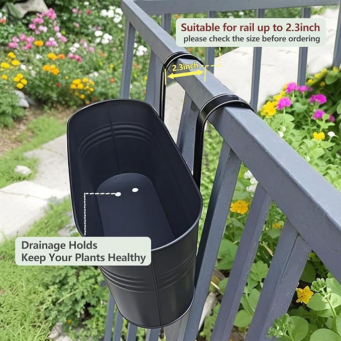 16 Inch 4 PCS Metal Hanging Flower Pots for Railing Fence, Large Railing Planters for Outdoor Plants, Fence Hanging Planters with Detachable Hooks for Garden Balcony