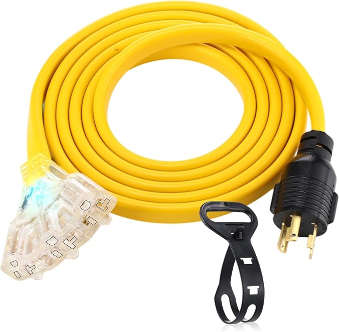 Tellegloww 10 ft NEMA L5-30P to 3X 5-20R/5-15R RV Generator Flat Extension Cord, 30A 3Prong Lock Generator to 110V 15/20A Outlet Distribution Adapter 10 Gauge ETL Listed, Yellow