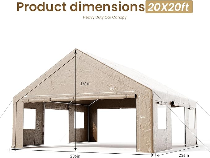 COSIEST 20'×20' Storage Shelter Outdoor Gable Roof Carport with Removable Side Walls, Heavy-Duty Garage Canopy Weatherproof PE Cover, Multi-Purpose Vehicle/Tractor Shed for Backyard/Driveway/Farm