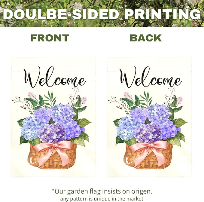 Hydrangea Spring Garden Flag Welcome Summer Yard Flags Blue Hydrangeas Floral Basket Double Sided House Banners Front Porch Patio Lawn Seasonal Flowers Outside Yard Outdoor Decor 12x18 Inch
