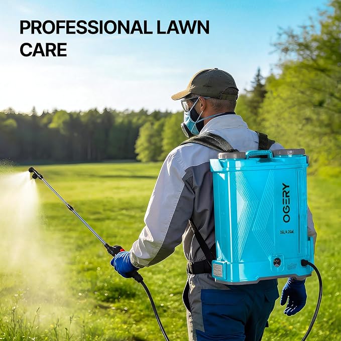 OGERY Battery Powered Backpack Sprayer 4 Gallon, 2.6Ah 21V Battery Electric Pump Sprayer with 6 Nozzles, Telescopic Stainless Steel + Plastic Wand for Lawn Garden Weed Yard Cleaning (Charger Included)