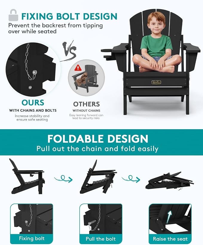 SERWALL Folding Adirondack Chair with Cup Holer, Weather Resistant Adirondack Chairs for Outdoor, Patio, Lawn, Garden, Backyard Deck, Fire Pit - Black