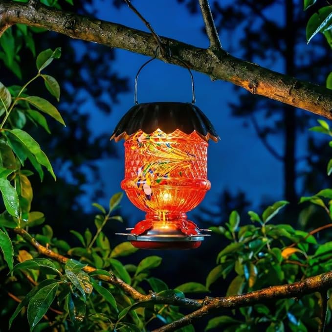 Solar Hummingbird Feeder with Perch 48 OZ Hand Blown Glass Hummingbird Feeder for Outdoors Hanging Include Accessories (Red)
