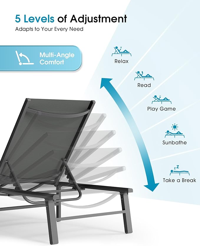 Ciokea Foldable Outdoor Lounge Chair Set of 4, No Assembly Aluminum Chaise Lounge Outdoor with 5-Positions, Aluminum Pool Lounge Chairs with Portable Design for Poolside, Beach, Deck, Patio, Grey