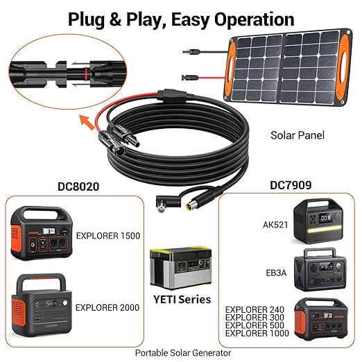 20FT Solar Connector to 8mm Adapter Cable with DC8020/7909 Compatible with BLUETTI, Yeti, Anker, Jackery Portable Power Station for Camping, RV, Emergency Use