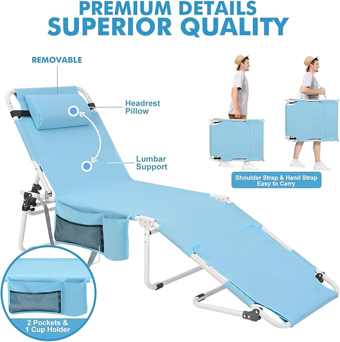 Oversized Extra Wide Tanning Chair with Sun Canopy Face Hole Padded Adjustable Washable, Heavy Duty Layout Folding Lounge Chair for Outside Beach Reading Sunbathing, UPF 50+, XL, Plus Size, 330 LBS