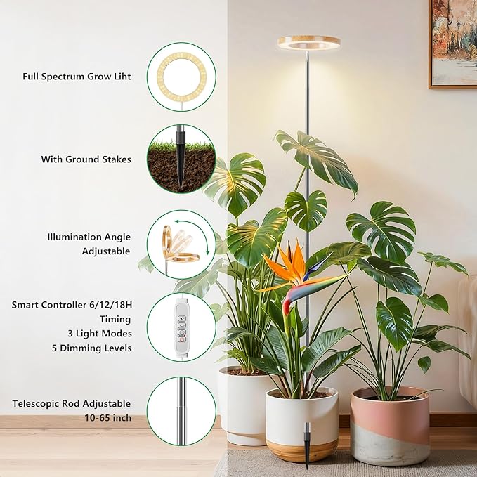 SDOVUERC Full‑Spectrum Grow Lights for Indoor Plants – Adjustable Height Plant Lamp with Wood‑Grain Finish, 6/12/18H Timer, 3 Color Modes, Perfect Plant Lights for Indoor Growing.(Pack 2)