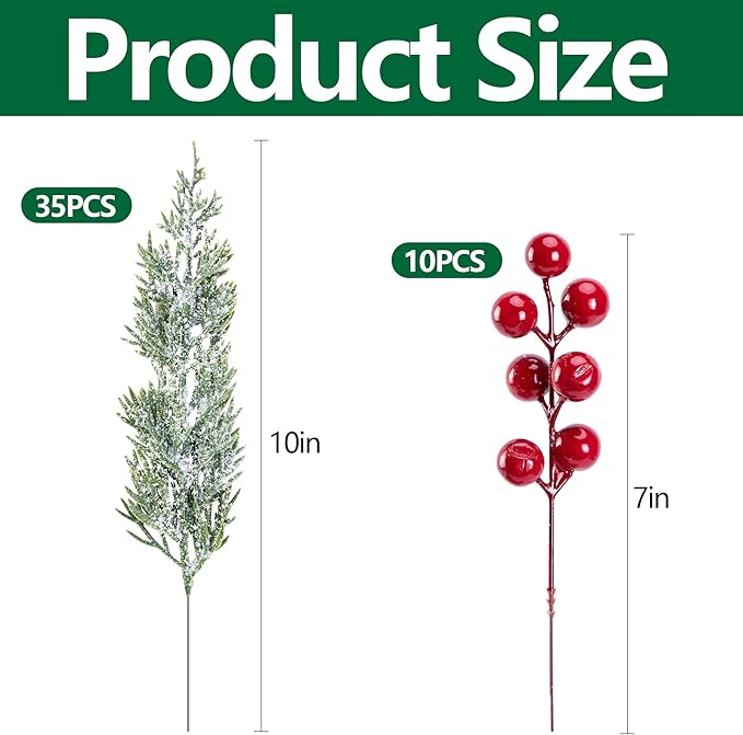 45 Pcs Artificial Christmas Snow Pine Branches with Red Berry Stems, Snowy Faux Greenery Norfolk Pine Cypress Leaves Stems, Berries White Frosted Fake Foliage Pines Needle Picks for Garland Home Decor